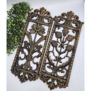 Vintage 1975 Homco Floral Wall Hangings with Hammer Metal Look - Medieval Style!